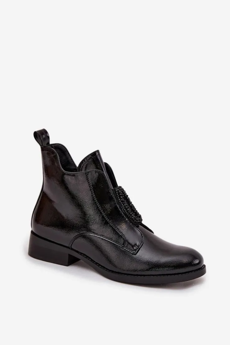 Best Damskie buty S.Barski Lakierowane Ocieplane Botki Damskie Z Ozdobnym Detalem S.Barski HY52-525 Czarne