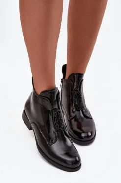 Best Damskie buty S.Barski Lakierowane Ocieplane Botki Damskie Z Ozdobnym Detalem S.Barski HY52-525 Czarne