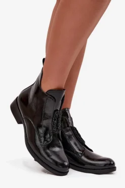 Best Damskie buty S.Barski Lakierowane Ocieplane Botki Damskie Z Ozdobnym Detalem S.Barski HY52-525 Czarne