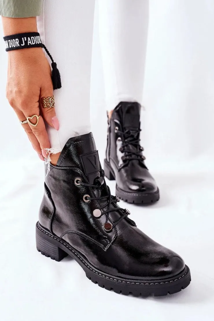 Buty damskie Vinceza Botki Sznurowane|Czarne Botki*Lakierowane Ocieplane Botki Czarne Cloghan