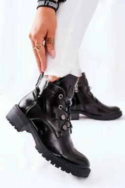 Buty damskie Vinceza Botki Sznurowane|Czarne Botki*Lakierowane Ocieplane Botki Czarne Cloghan