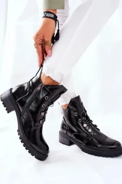 Buty damskie Vinceza Botki Sznurowane|Czarne Botki*Lakierowane Ocieplane Botki Czarne Cloghan