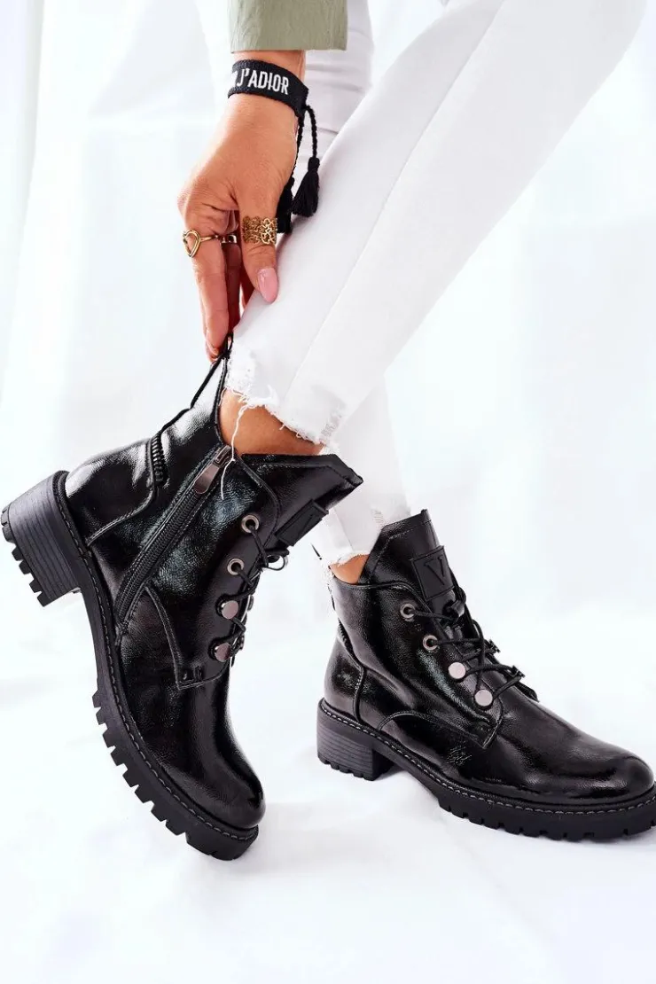 Buty damskie Vinceza Botki Sznurowane|Czarne Botki*Lakierowane Ocieplane Botki Czarne Cloghan