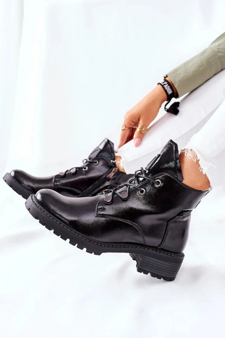 Buty damskie Vinceza Botki Sznurowane|Czarne Botki*Lakierowane Ocieplane Botki Czarne Cloghan