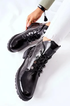 Buty damskie Vinceza Botki Sznurowane|Czarne Botki*Lakierowane Ocieplane Botki Czarne Cloghan