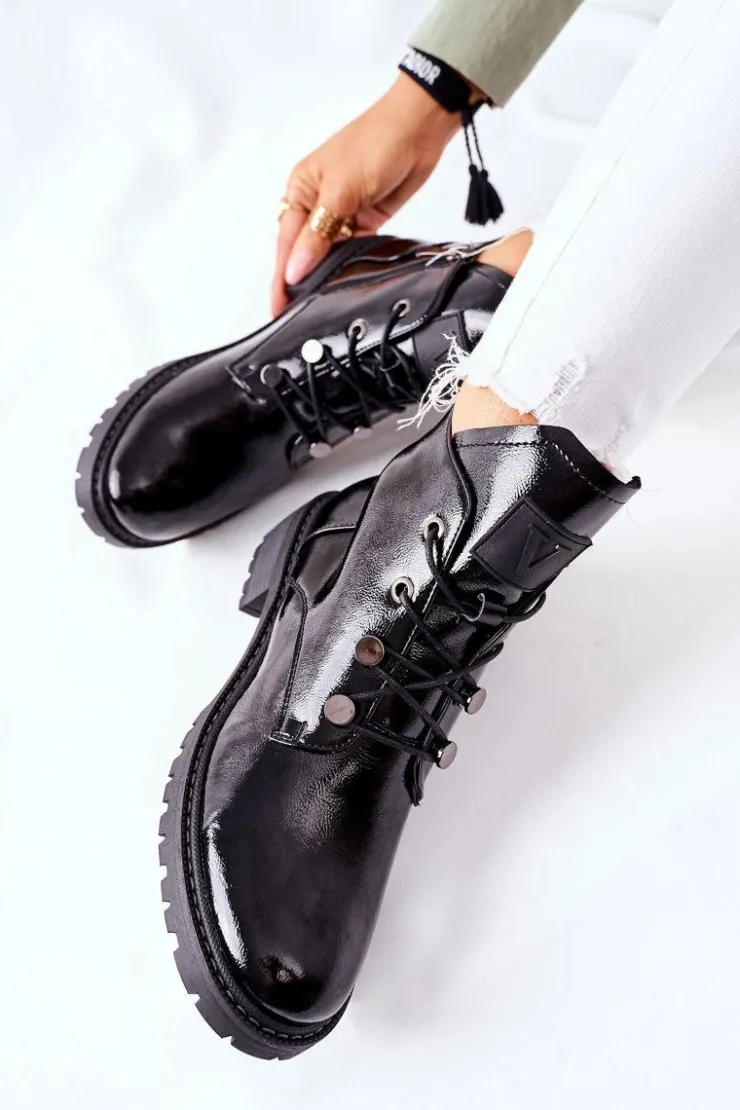 Buty damskie Vinceza Botki Sznurowane|Czarne Botki*Lakierowane Ocieplane Botki Czarne Cloghan