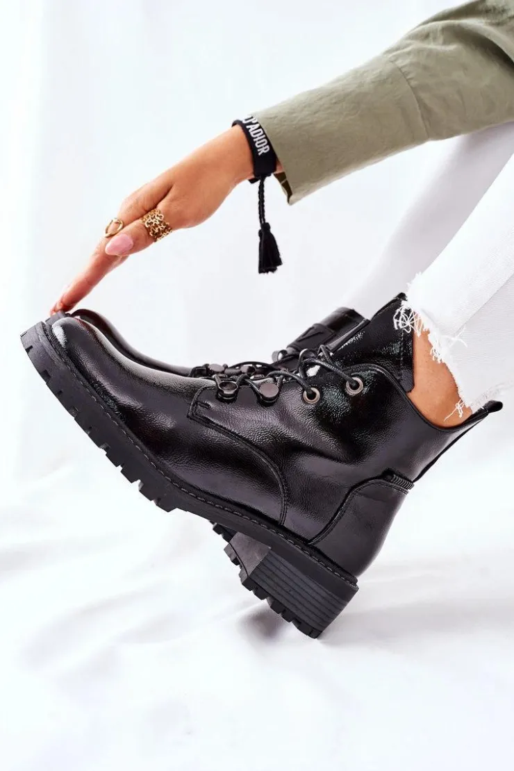 Buty damskie Vinceza Botki Sznurowane|Czarne Botki*Lakierowane Ocieplane Botki Czarne Cloghan