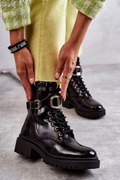 Damskie Boto Lakierowane Ocieplane Damskie Botki Czarne Costello