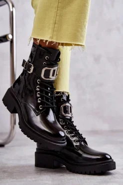 Damskie Boto Lakierowane Ocieplane Damskie Botki Czarne Costello