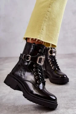 Damskie Boto Lakierowane Ocieplane Damskie Botki Czarne Costello