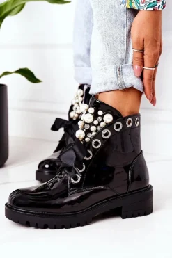 Damskie Boto Lakierowane Ocieplane Workery Z Perełkami Czarne Perla