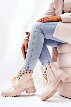 Damskie Boto Lakierowane Ocieplane Workery Z Perełkami Beżowe Perla
