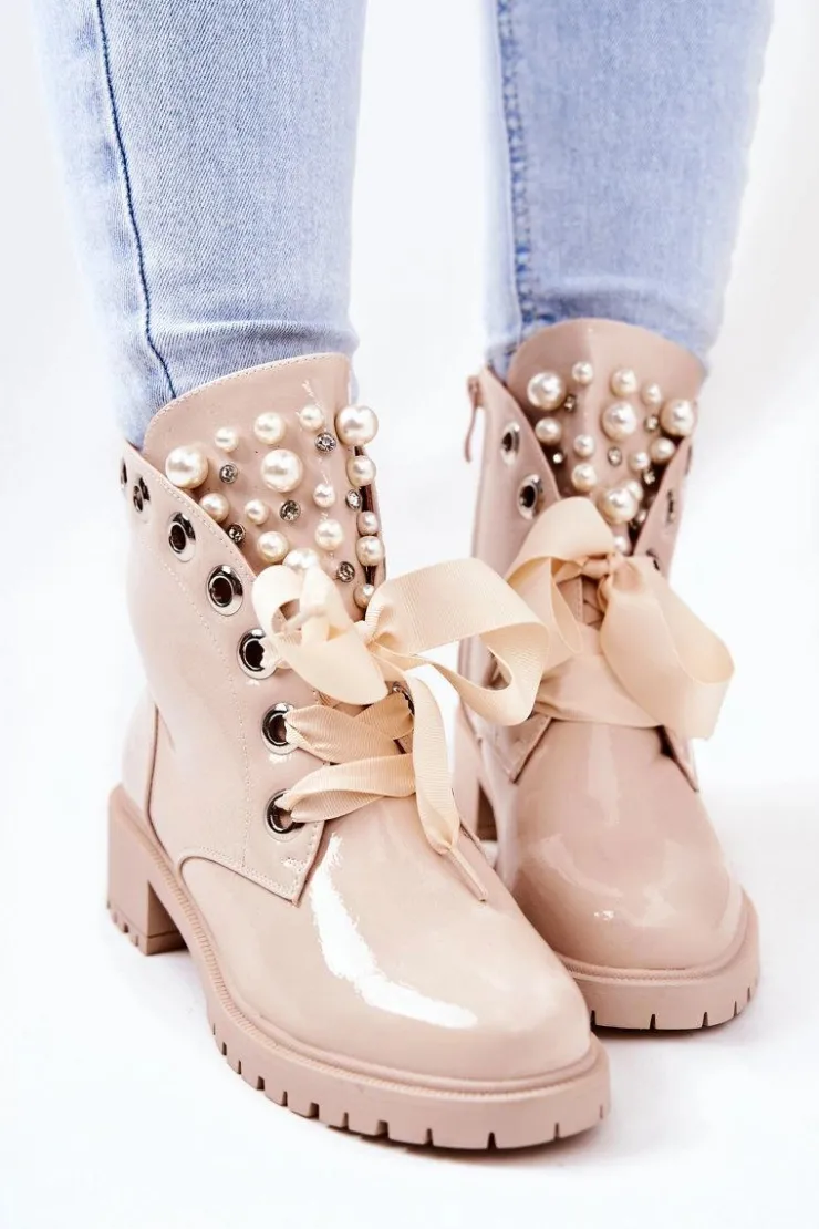 Damskie Boto Lakierowane Ocieplane Workery Z Perełkami Beżowe Perla