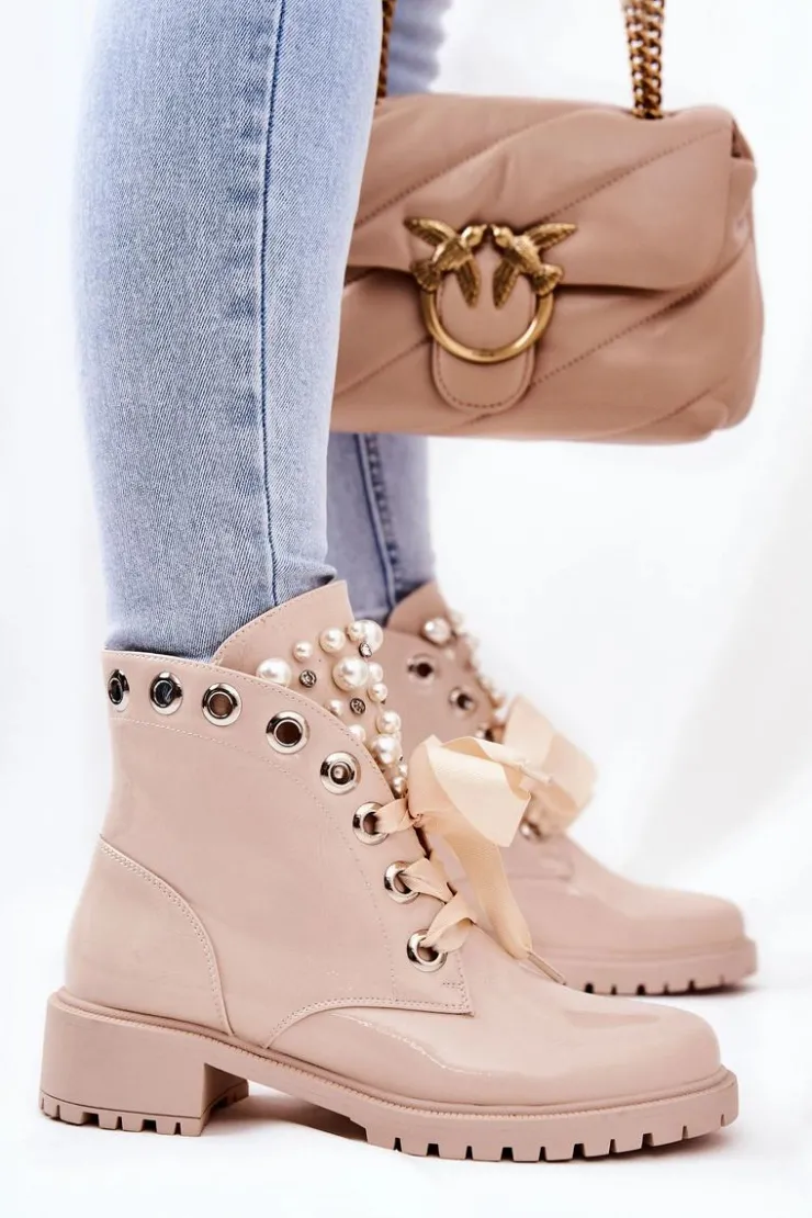 Damskie Boto Lakierowane Ocieplane Workery Z Perełkami Beżowe Perla