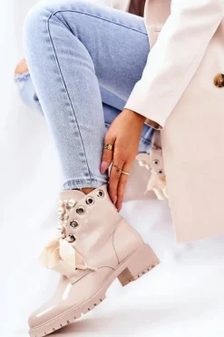 Damskie Boto Lakierowane Ocieplane Workery Z Perełkami Beżowe Perla