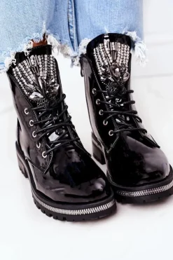Damskie Boto Lakierowane Ocieplane Workery Z Cyrkoniami Czarne Attention