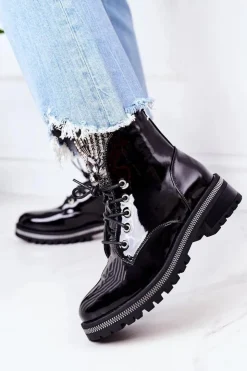 Damskie Boto Lakierowane Ocieplane Workery Z Cyrkoniami Czarne Attention