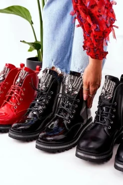 Damskie Boto Lakierowane Ocieplane Workery Z Cyrkoniami Czarne Attention