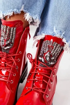 Clearance Boto Lakierowane Ocieplane Workery Z Cyrkoniami Czerwone Attention