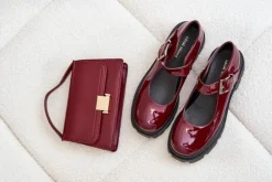 Damskie Boto Lakierowane Półbuty Damskie Z Klamrą Bordowe Plikuria