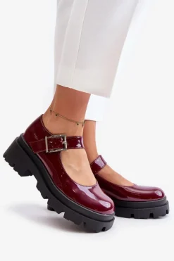 Damskie Boto Lakierowane Półbuty Damskie Z Klamrą Bordowe Plikuria