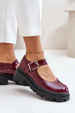 Damskie Boto Lakierowane Półbuty Damskie Z Klamrą Bordowe Plikuria