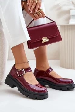 Damskie Boto Lakierowane Półbuty Damskie Z Klamrą Bordowe Plikuria