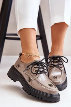 Damskie Artiker Lakierowane Półbuty Damskie Z Ozdobami Skóra Naturalna 55C1010 Ciemnobeżowe