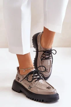 Damskie Artiker Lakierowane Półbuty Damskie Z Ozdobami Skóra Naturalna 55C1010 Ciemnobeżowe