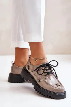 Damskie Artiker Lakierowane Półbuty Damskie Z Ozdobami Skóra Naturalna 55C1010 Ciemnobeżowe