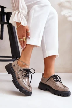 Damskie Artiker Lakierowane Półbuty Damskie Z Ozdobami Skóra Naturalna 55C1010 Ciemnobeżowe