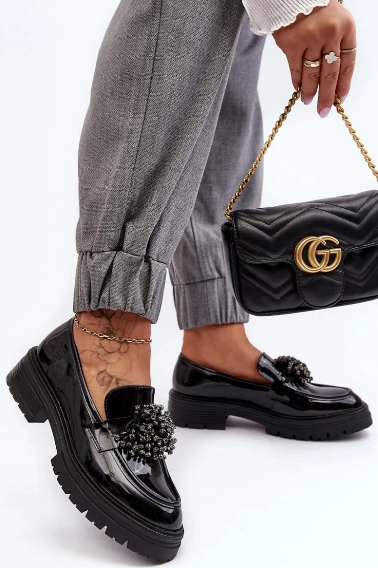 Boto Mokasyny Damskie Lakierowane*Lakierowane Półbuty Damskie Zdobione Czarne Annella