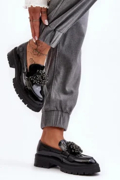 Boto Mokasyny Damskie Lakierowane*Lakierowane Półbuty Damskie Zdobione Czarne Annella