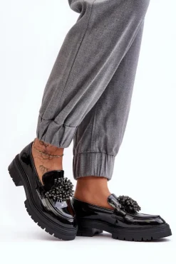 Boto Mokasyny Damskie Lakierowane*Lakierowane Półbuty Damskie Zdobione Czarne Annella