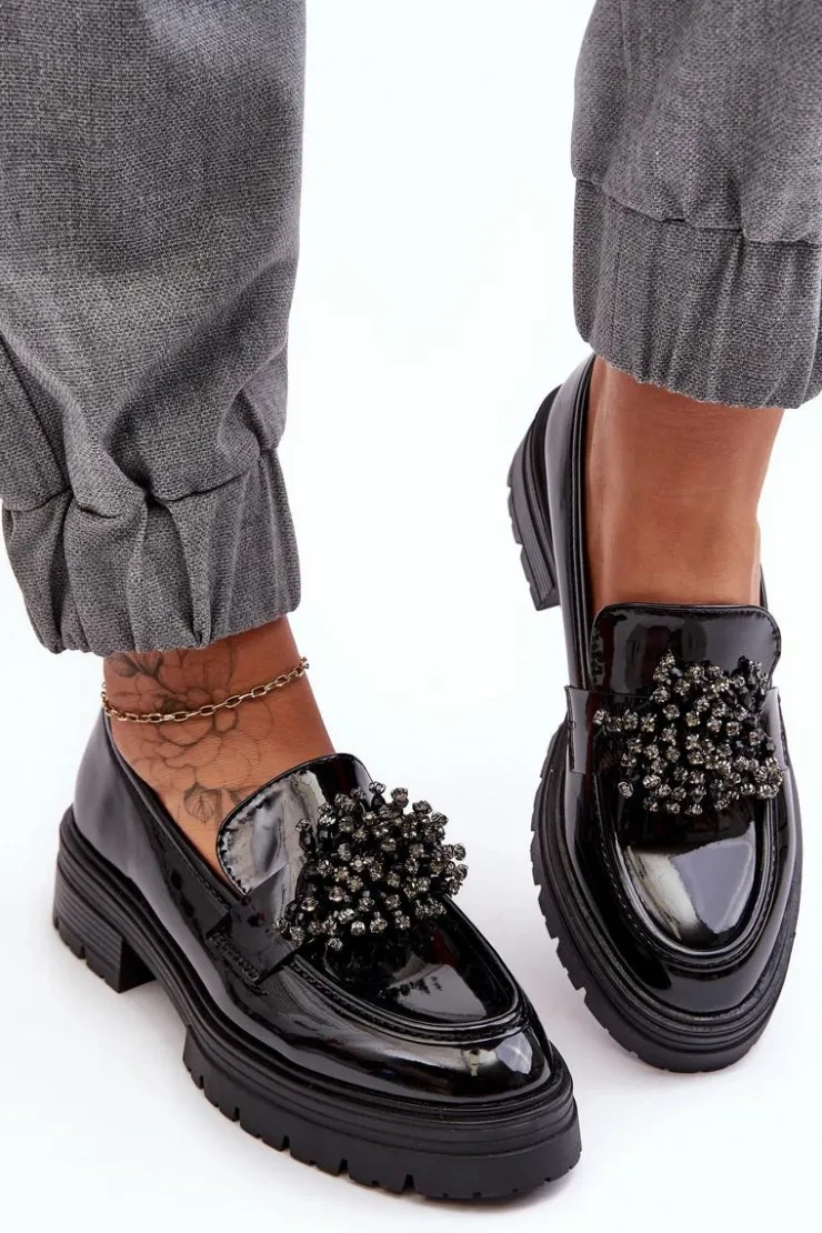 Boto Mokasyny Damskie Lakierowane*Lakierowane Półbuty Damskie Zdobione Czarne Annella