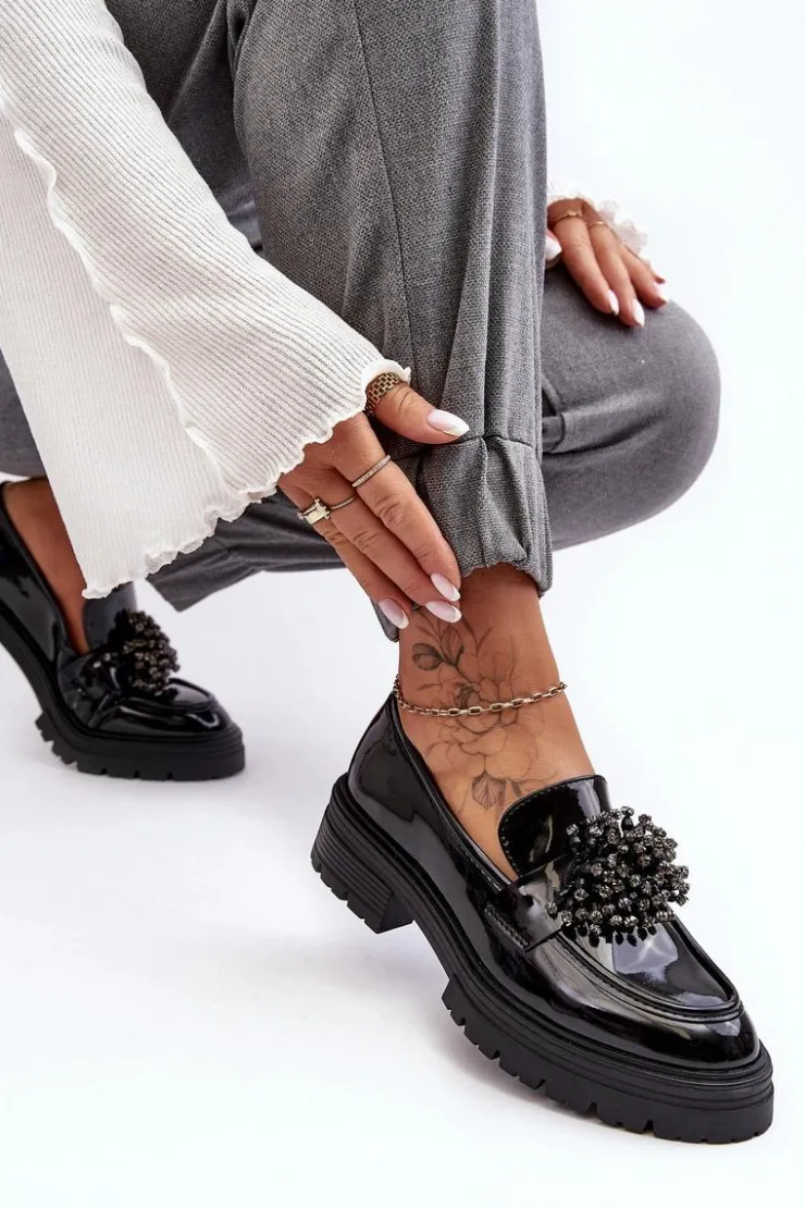 Boto Mokasyny Damskie Lakierowane*Lakierowane Półbuty Damskie Zdobione Czarne Annella