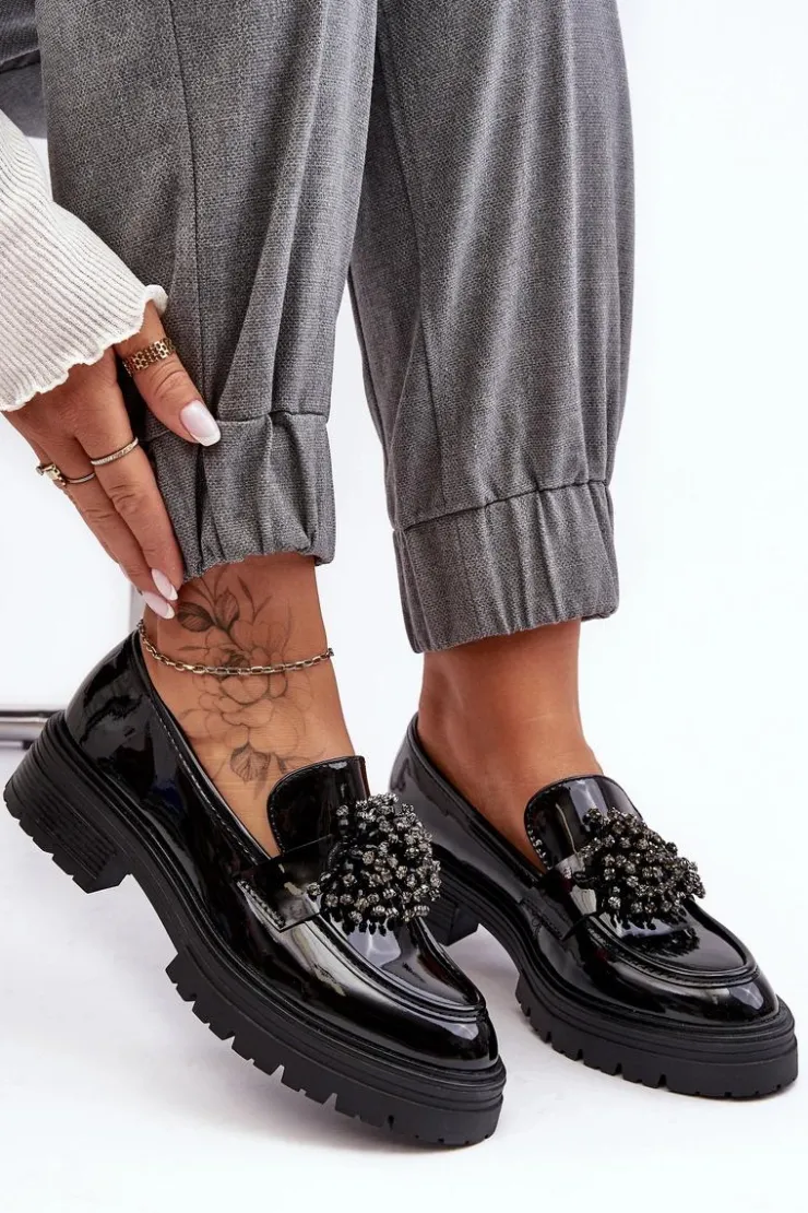 Boto Mokasyny Damskie Lakierowane*Lakierowane Półbuty Damskie Zdobione Czarne Annella