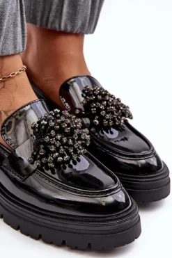 Boto Mokasyny Damskie Lakierowane*Lakierowane Półbuty Damskie Zdobione Czarne Annella