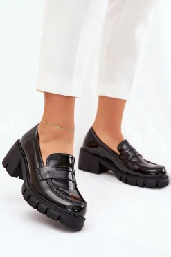 Damskie Boto Lakierowane Półbuty Damskie Na Masywnym Obcasie Czarne Felonith