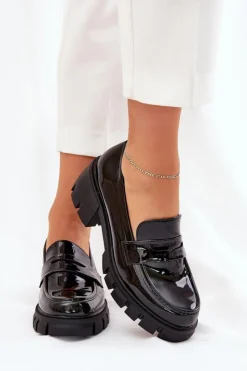 Damskie Boto Lakierowane Półbuty Damskie Na Masywnym Obcasie Czarne Felonith