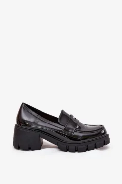 Damskie Boto Lakierowane Półbuty Damskie Na Masywnym Obcasie Czarne Felonith