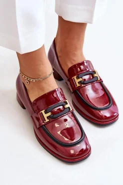 Artiker Półbuty Skórzane*Lakierowane Półbuty Damskie Na Klocku 55C0103 Bordowe