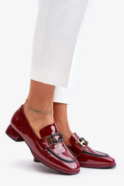 Artiker Półbuty Skórzane*Lakierowane Półbuty Damskie Na Klocku 55C0103 Bordowe