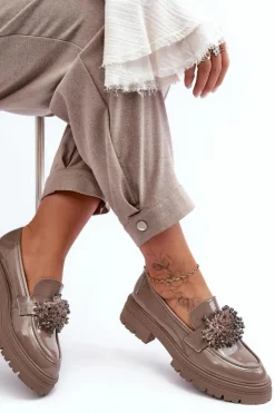 Clearance Boto Lakierowane Półbuty Damskie Zdobione Beżowe Annella