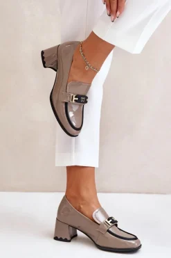 Damskie Artiker Lakierowane Półbuty Damskie Na Obcasie Z Ozdobą 55C1054 Beżowe