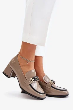 Damskie Artiker Lakierowane Półbuty Damskie Na Obcasie Z Ozdobą 55C1054 Beżowe