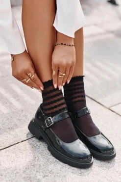 Damskie Boto Lakierowane Półbuty Damskie Z Paskiem Czarne Vinceza 62179