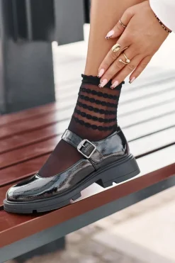 Damskie Boto Lakierowane Półbuty Damskie Z Paskiem Czarne Vinceza 62179