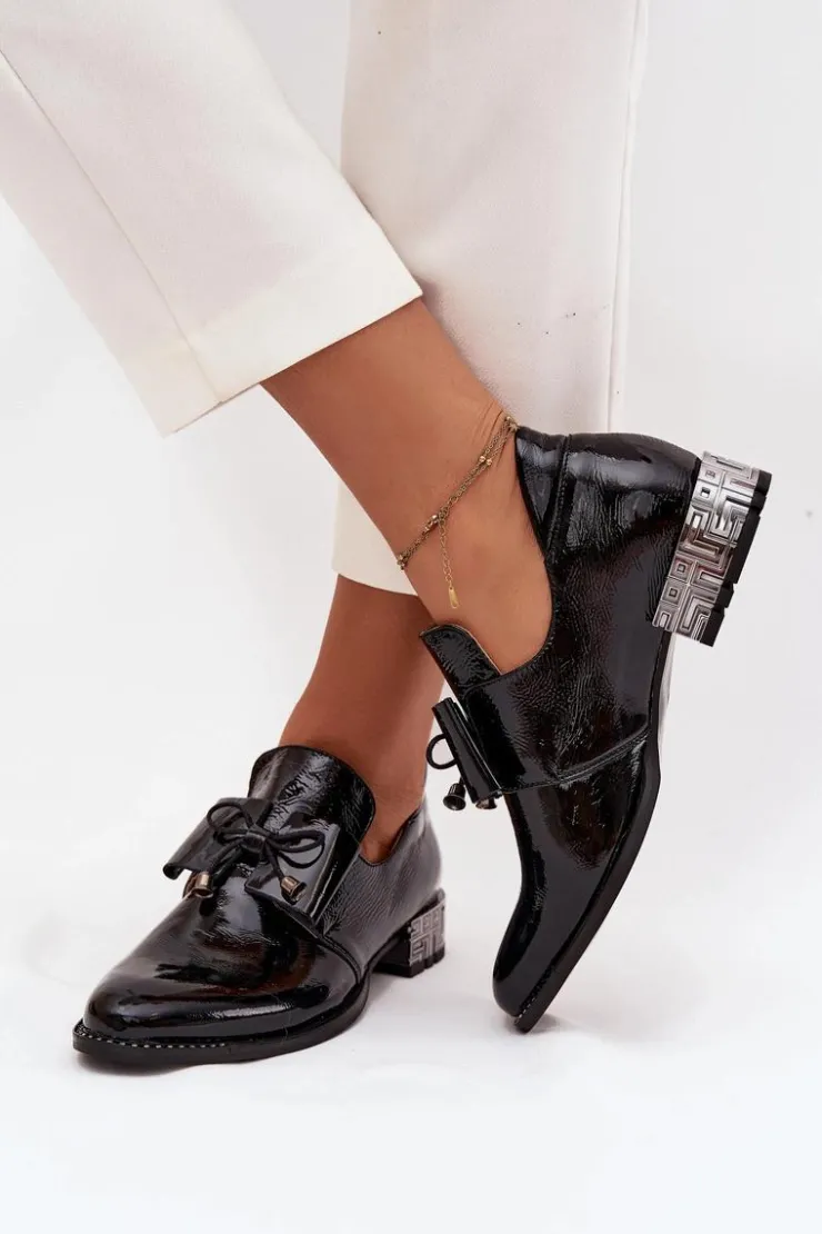 Discount Zazoo Lakierowane Półbuty Damskie Na Niskim Obcasie Z Kokardą 1399 Czarne