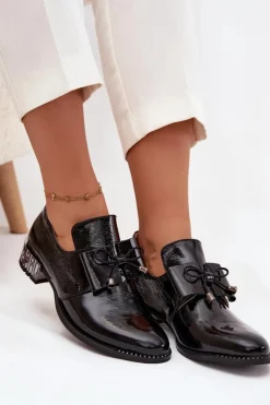 Discount Zazoo Lakierowane Półbuty Damskie Na Niskim Obcasie Z Kokardą 1399 Czarne